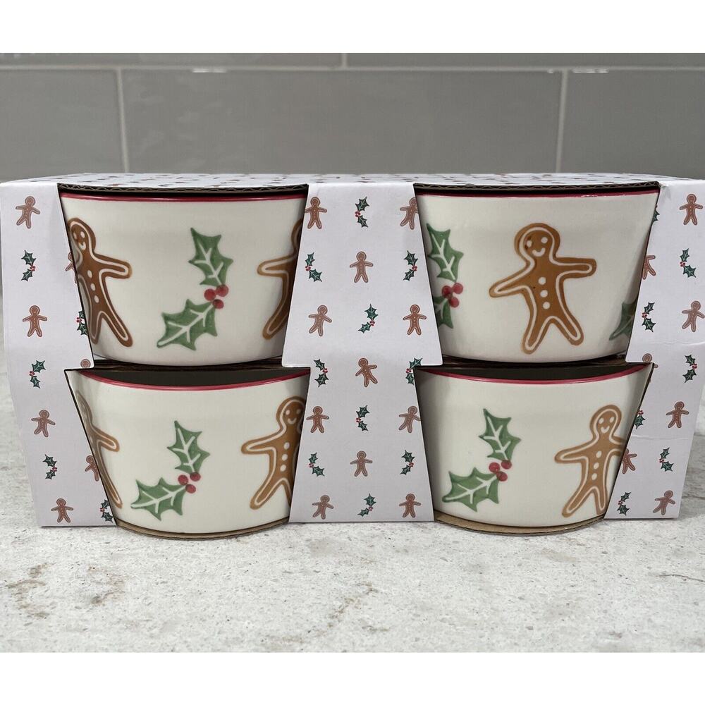 Set of 4 Gingerbread Man & Holly Prima Design Christmas Ceramic Ramekins NEW